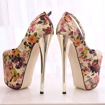 Flowery Ankle Strap Queer Platform High Heels Drag Queen Exotic Shoes Plus Size 