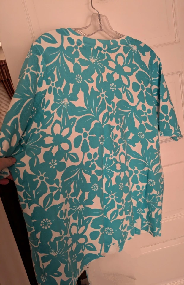 Denim & Co Sz 1X Elbow Turquoise/White Floral Button Front S/S Cardigan  A291639 - Image 2 of 4