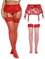 Plus Size Garter Belt and Thigh Highs Set Red Lace Garter Belts Set with 6 Me...