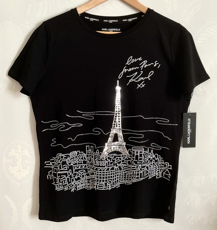 NWT Karl Lagerfeld Paris Glitter Embroidered COTTON Blend Knit Short Sleeve Sz M