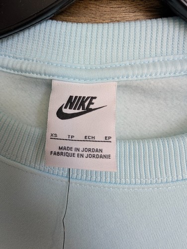 Nike Sportswear Fleece Sweatshirt Womens XS Light Blue Ribbed Crew-Neck Swoosh - Picture 3 of 4