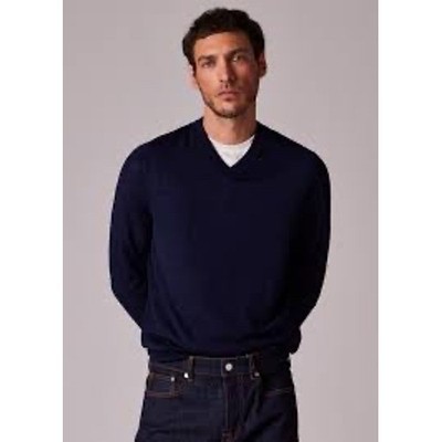 Paul Smith Mens Navy Blue Merino Wool V Neck Sweater XL Rainbow Stripe Trim