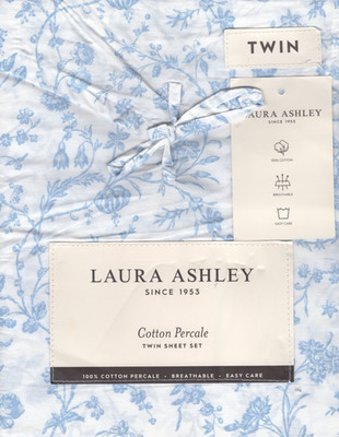Laura Ashley Twin Sheet Set Aria Blue Floral 3pc Farmhouse Chic Cottage White