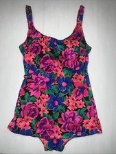 Vintage Swimsuit Skirted One Piece Floral Colorful Tropical USA Made Maximalist
