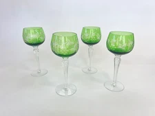 SET of 4 BOHEMIAN CZECH CUT TO CLEAR CRYSTAL Hock Wine Glasses Green 8.25" MCM