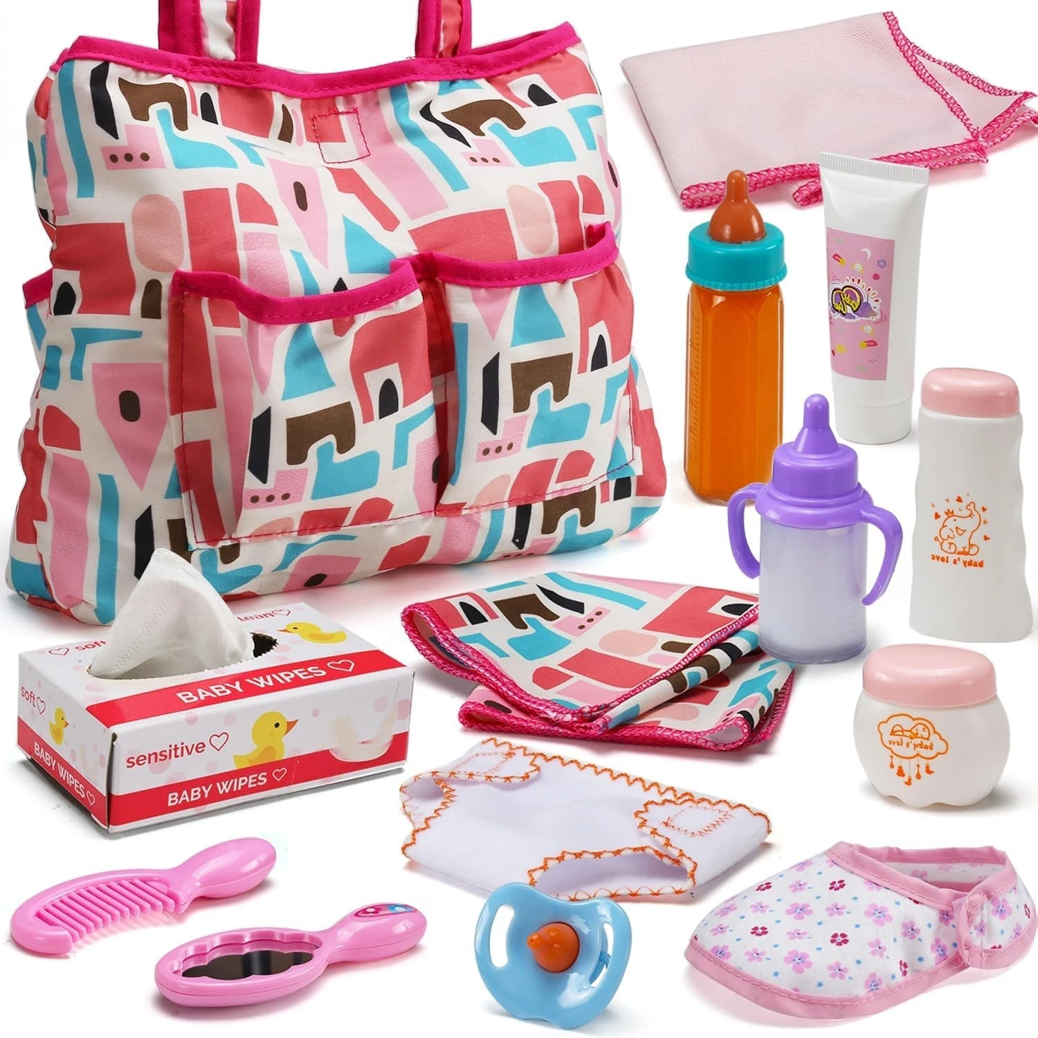Baby Doll Accessories Set Includes Feeding Diaper Bag Diapers Bottle Changing