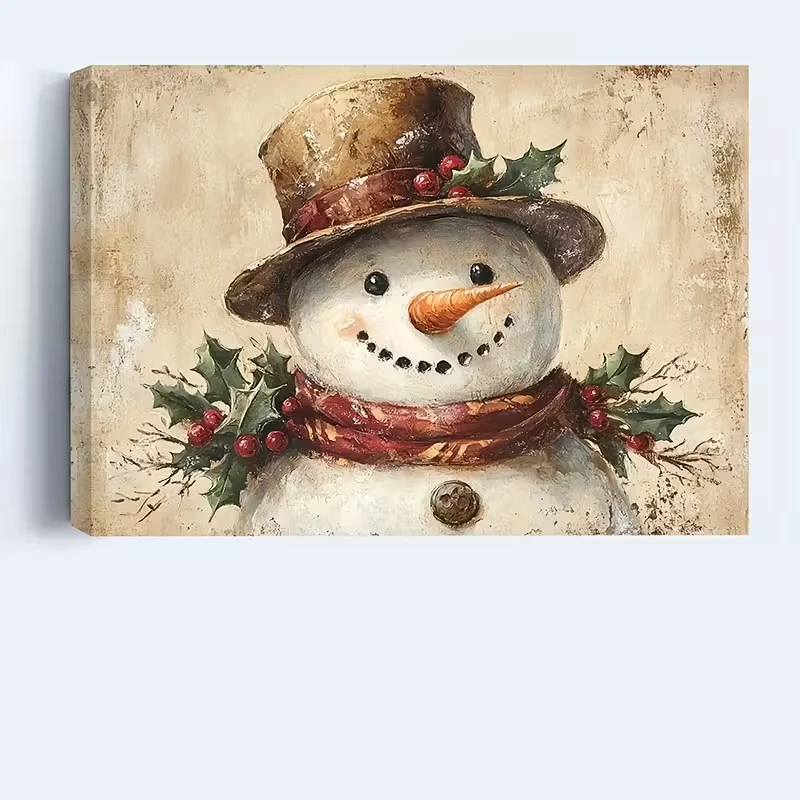Vintage Christmas Snowman Canvas Wall Art, Rustic Winter Holiday Artwork - Image 4 of 4