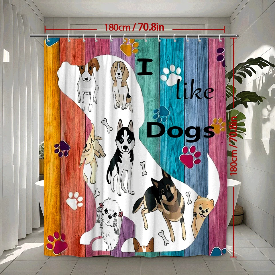 Divertida cortina de ducha silueta de perro con estampados de patas y adorables diseños de mascotas Foto 3 de 4