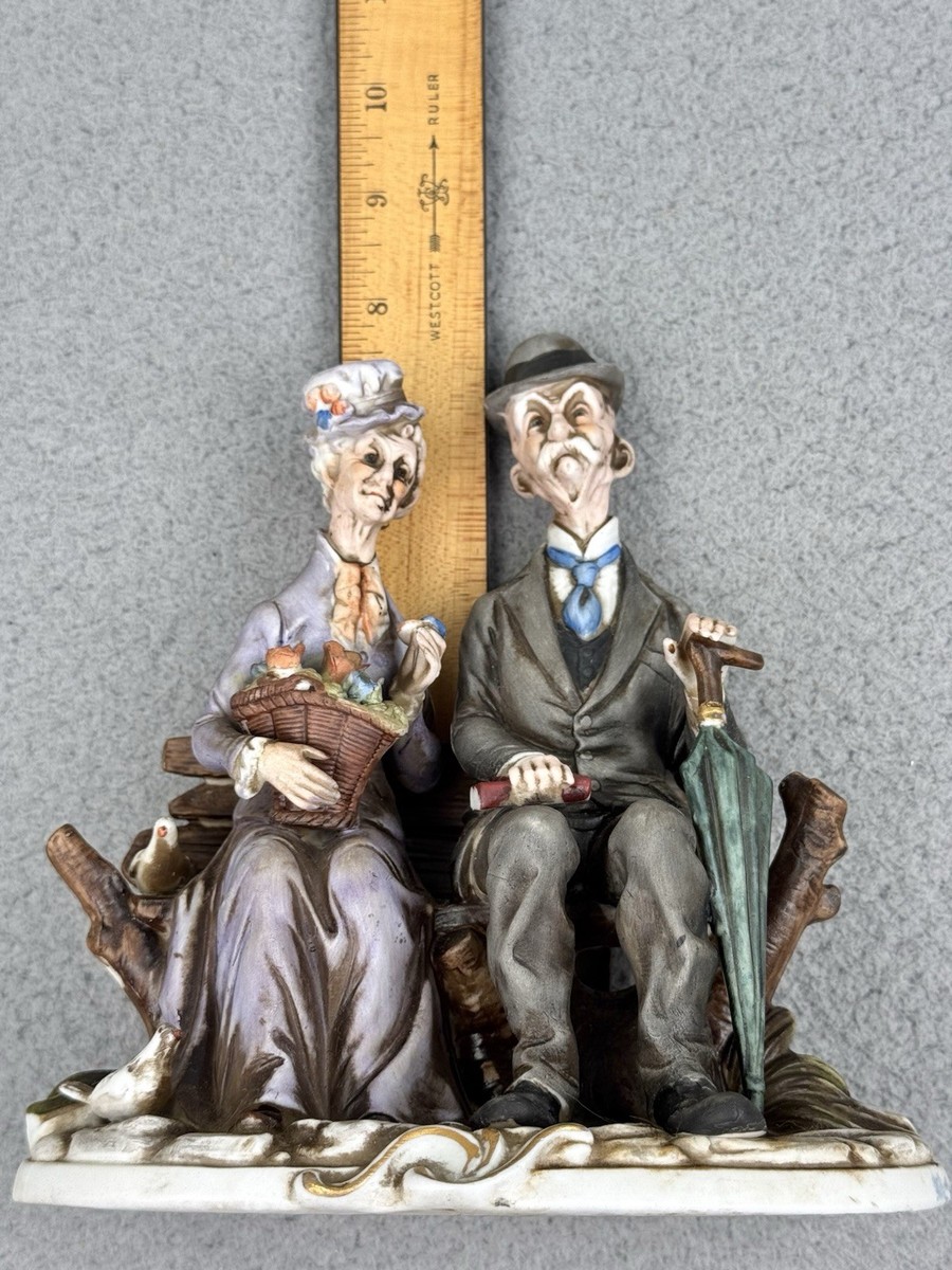 Vintage Capodimonte Porcelain Old Elderly Couple On Bench Timeless