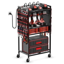 Large Power Tool Organizer Cart with Charging Station, Garage Floor Standing ...