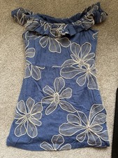Loft size 6 short blue dress with floral design and off the shoulder straps