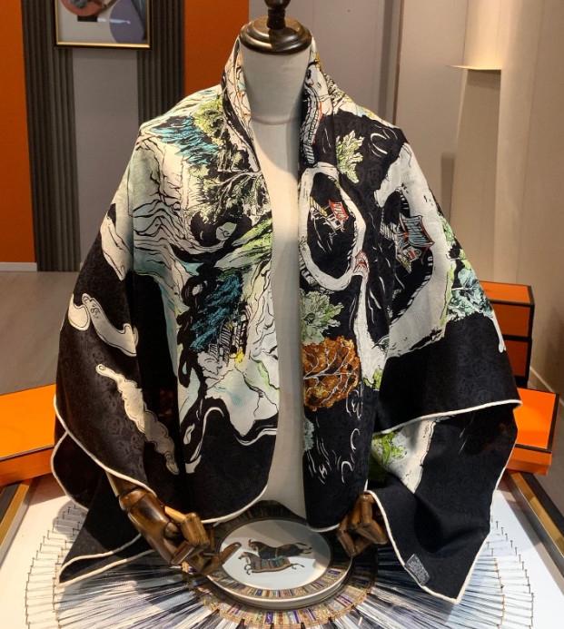 70%Cashmere 30% Silk seaweed Print Neckerchief 2 Face Bandana Shawl 53'' Scarf