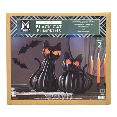 Member's Mark Pre-Lit Black Cat Pumpkins, Set of 2, Warm White Flickering LEDs