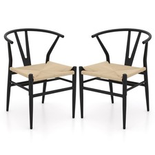 Costway Wishbone Dining Chair Set of 2 Modern Weave Armchairs-Black+Natural