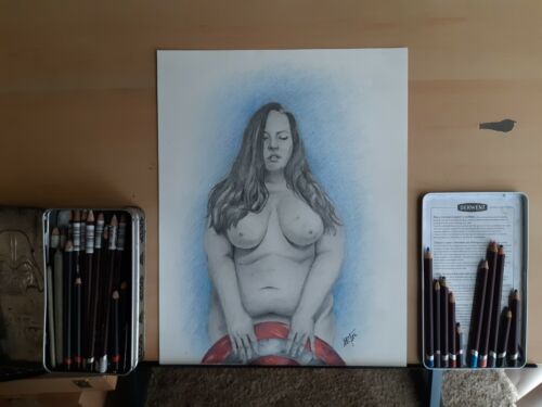 Original 11x14 Inch Pencil/Colored Pencil Drawing Of Nude Woman Captain America