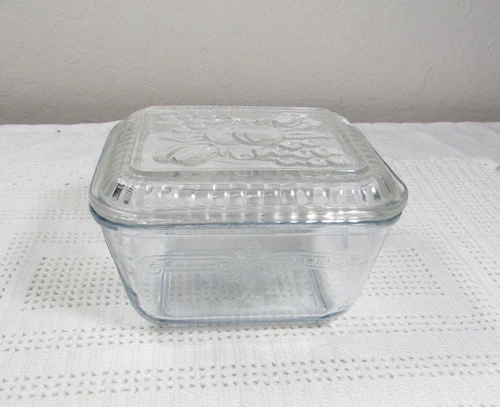 Vtg FIRE KING Oven Glass Blue Sapphire PHILBE Refrigerator Dish & Lid W/Fruit