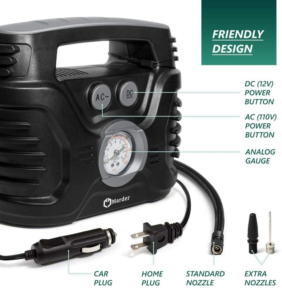 AC/DC Portable Air Compressor/Tire Inflator Powered by Car 12V DC and ...