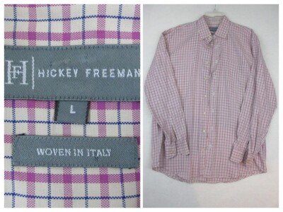 Hickey Freeman Men's Dress Shirt Large Plaid Button Up Woven In Italy Cotton