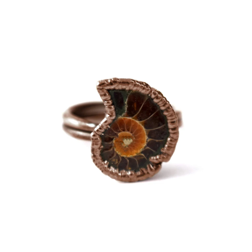 Natural Ammonite Fossil Gemstone Handmade Copper Antique Statement Ring Jewelry - Image 2 of 4