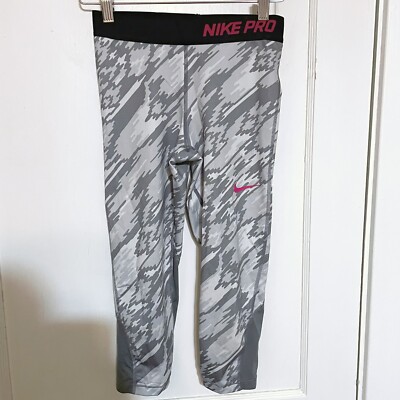 Nike Pro Dri-Fit Girls Leggings Large Gray White Pink Swoosh