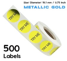 500 pcs Metallic Gold TRY ME Dot Labels 19.1 mm 0.75 Inch Round, METALIC GOLD
