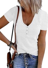 Women's Summer Short Sleeve V Neck Ribbed Button Henley Knit Casual Blouse
