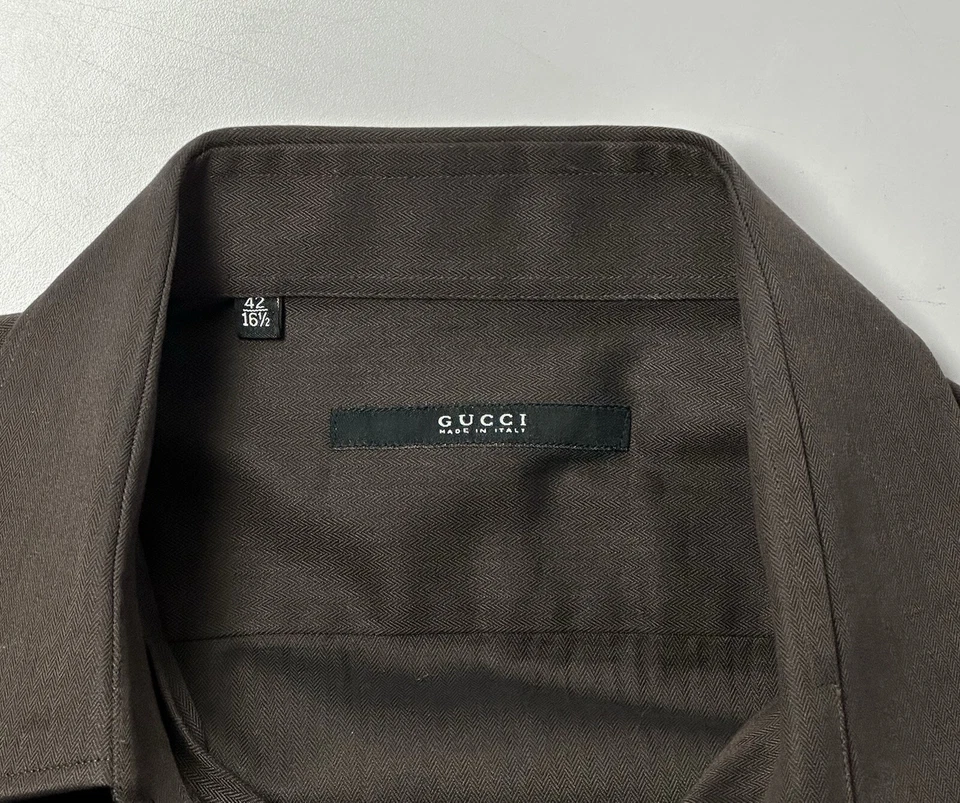 Классическое мужское платье Gucci рабочая рубашка с длинным рукавом на пуговицах коричневое размер 42 16,5 - Изображение 2 из 4