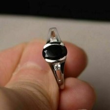 Oval Cut 1.25Ct Black Onyx Half Bezel Engagement Womans Ring 925 Sterling Silver