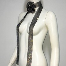 Glitter Metal Flower Rhinestone Neck Tie Long Scarf Neckerchief Bling Party Club