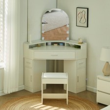 Corner Mirror Dressing Table with LED Lights Makeup Desk 3 Drawers White