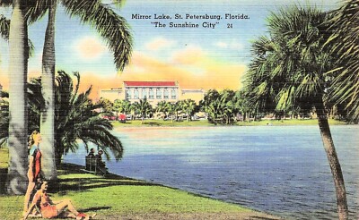 St Petersburg Florida FL Mirror Lake Downtown two Girls Vtg Postcard F23