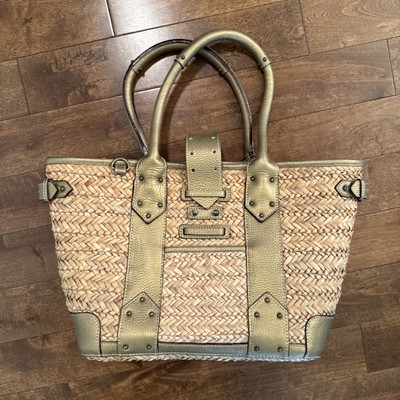 CREW Woven Straw Market Shopping Tote Beach Resort Bag Leather Straps  Large