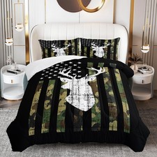 Deer Hunting Comforter Set Queen Size, American Flag Bedding Set for Boys Tee...
