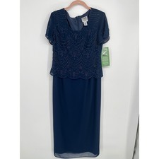 R&M Richards Petite Beaded Evening Gown Dress Women 8P Navy Wedding Gala Formal