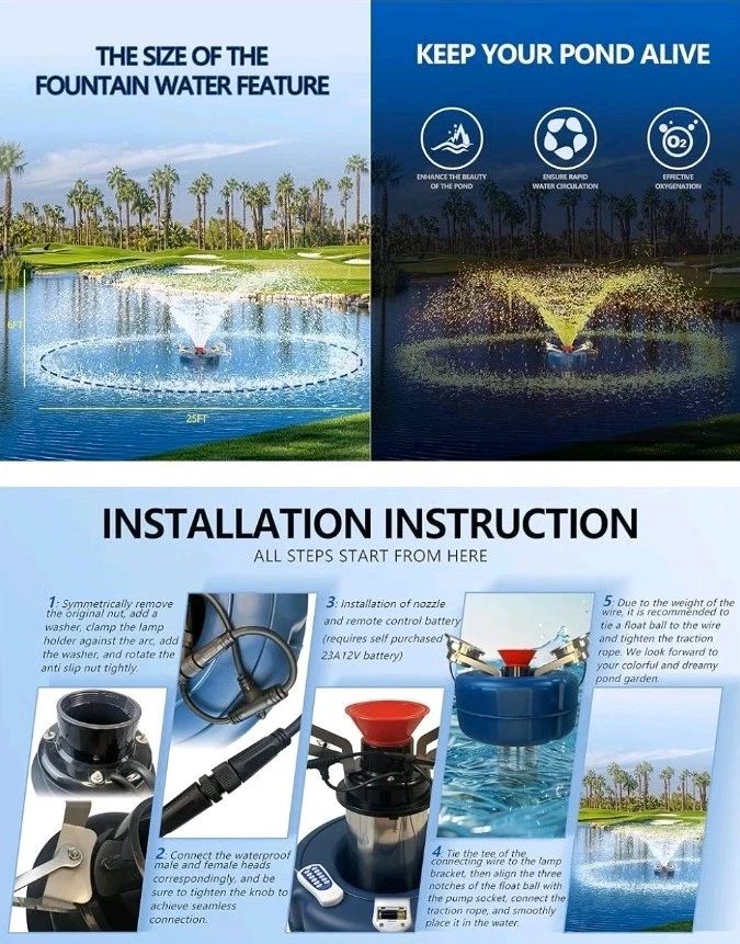 RGB LED пруд фонтан аэратор 750 Вт с изменение цвета световое шоу, 1HP 15000 GPH - Изображение 4 из 4