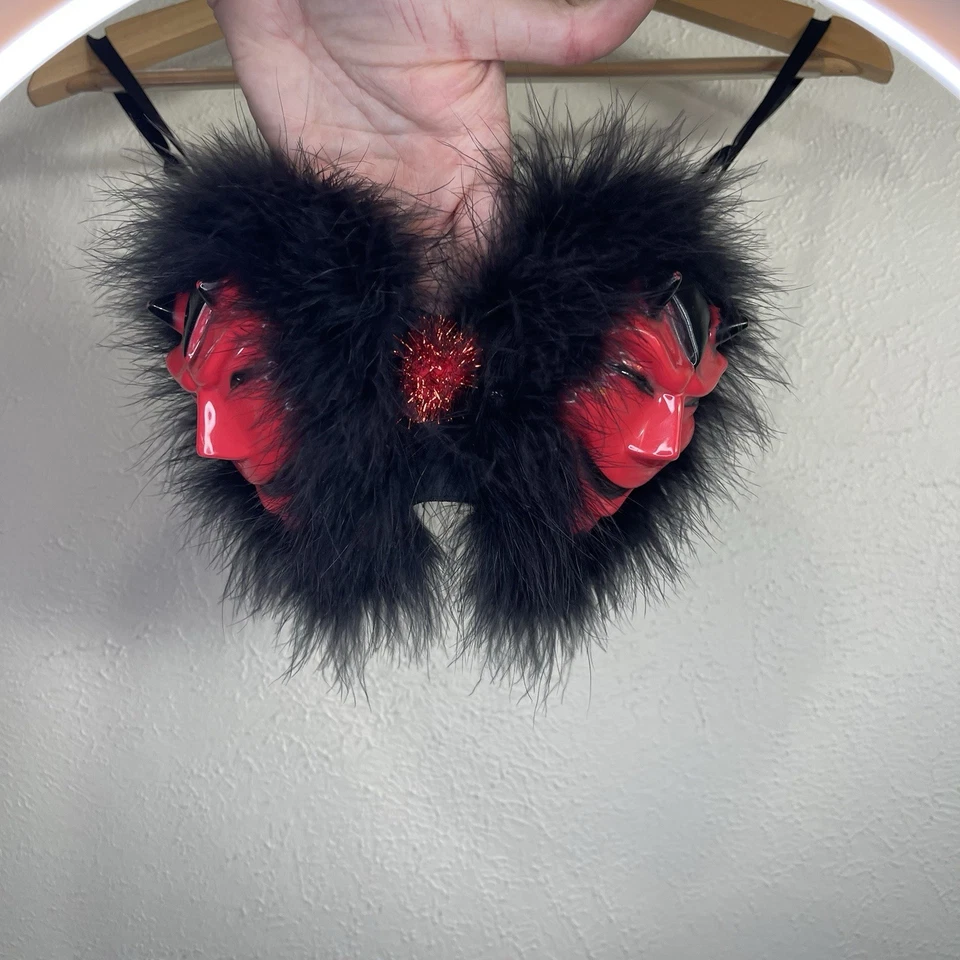Y2K Angela Zampelli Mode Merr Devil Mask Bra 32B Black Faux Fur Red Demon - Image 2 of 4