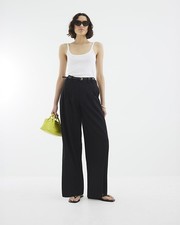 River Island Womens Wide Leg Trousers Black Belted Zip Bottom Pants Bottoms