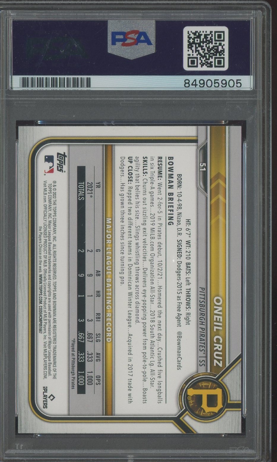 Oneil Cruz Signed 2022 Bowman #51 Pirates RC Rookie PSA/DNA 10 AUTO view 2