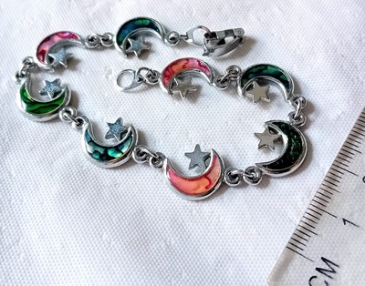 Buntes Muschel Abalone Muschel Silberfarben Gliederarmband Mond & Sterne E350