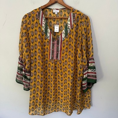 Avenue Tunic Womens 22/24 Yellow Peasant Top Bell Sleeve Granola Boho Chic