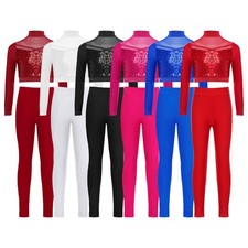 Girls Tracksuit Shiny Sequins Set Crop Top Outfit Mock Neck Costume Yoga Dance