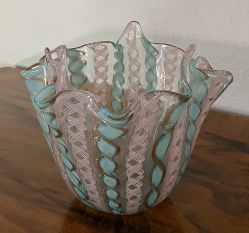 Murano Italian Art Glass Latticino Ribbon Bowl Pink Blue Gold Aventurine Vintage
