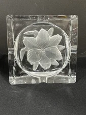 Vintage Heavy Crystal Art Glass Ashtray Trinket Dish Etched Floral Cut Square 5
