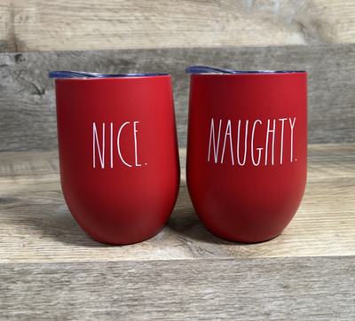 RAE DUNN Wine Tumbler Set of 2 Naughty & Nice Red Stainless Steel Cups w/ Lids