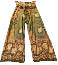 Thai Elephant Harem Pants Sz S/M High Waist Green Peach Rayon Tribal Tropical