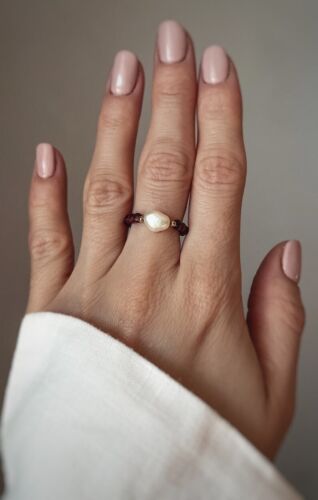 A++ Red Garnet & Peral Faceted Round Gemstone Beaded Adjustable Rings For Women - Picture 9 of 12