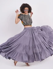 Women's 25 Yard 100% Cotton, 4 Tiered Bohemian, Gypsy long Hippie Skirt Gray