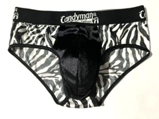 New CANDYMAN Mens Zebra Glitter & Blk Satin Bikini Hip Brief Underwear sz S