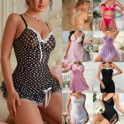 Sexy-Lingerie-Babydoll-Sleepwear-Underwear-Bra-G-String-Lace-Dress-Chemise-Teddy