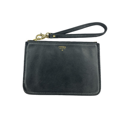 Fossil Black Cow Hide Leather Zip Top Wristlet Strap Wallet Pouch 6.5'' X 4.5''